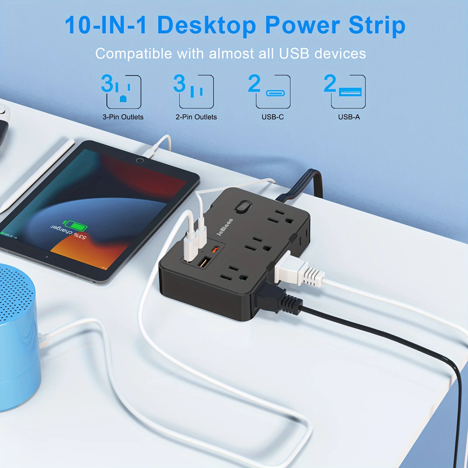 สายไฟต่อปลั๊กแบนบางเฉียบพร้อมพอร์ต USB 4 พอร์ต (2 USB C), รางปลั๊กป้องกันไฟกระชาก 5 ฟุต, ตัวขยายปลั๊กไฟ 6 ช่อง