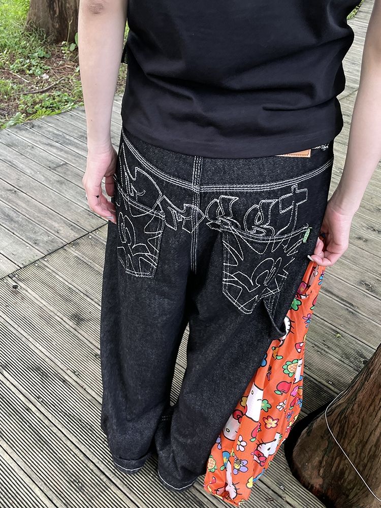 HOUZHOU ヴィンテージ刺繍黒ジーンズ女性特大ストリートグランジ Y2k だぶだぶのデニムパンツボーイフレンドジーンズヒップホップゴシック