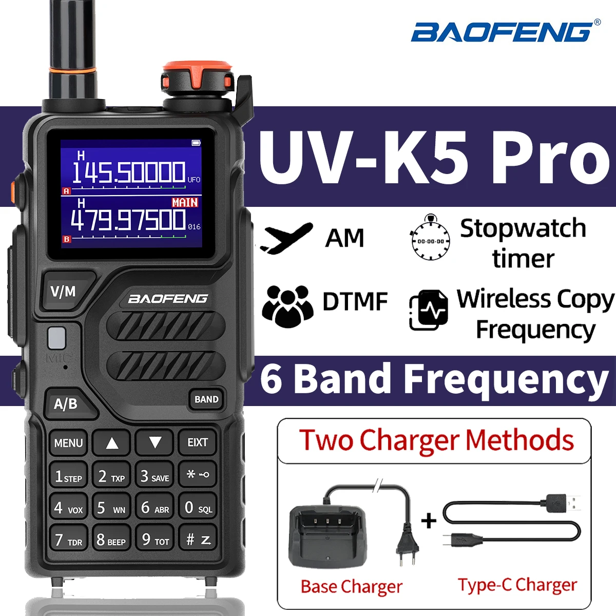 Baofeng UV-K5 Pro Air Band Walkie Talkie Langstrecken-Zwei-Wege-Amateurfunk drahtlose Kopier frequenz FM USB-Ladegerät wiederauf lad bares Radio