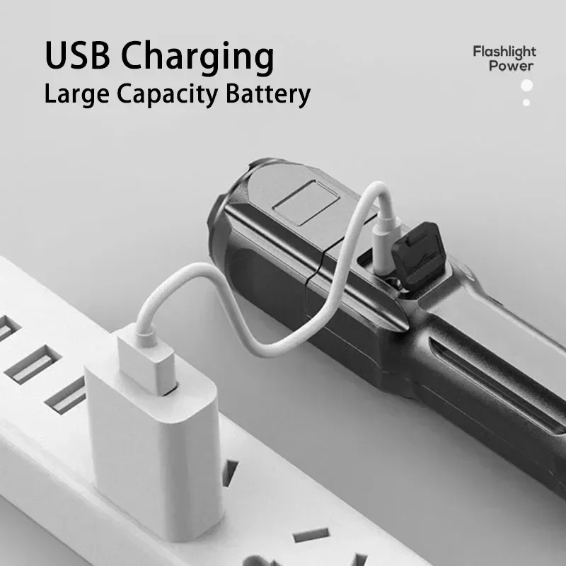 ไฟฉาย LED แบบพกพา ABS แสงที่แข็งแกร่งโฟกัสไฟฉาย USB ชาร์จกลางแจ้งบ้านแสงที่แข็งแกร่งไฟฉายกันน้ำ