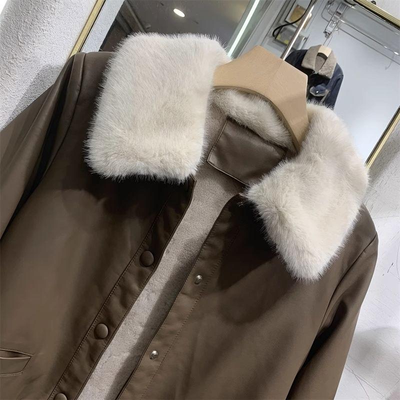 American Sle Fleece Lined PU Leather Jacket Women Thickened Short Coat Autumn Winter New Sle High Sensation Small Size Fu...