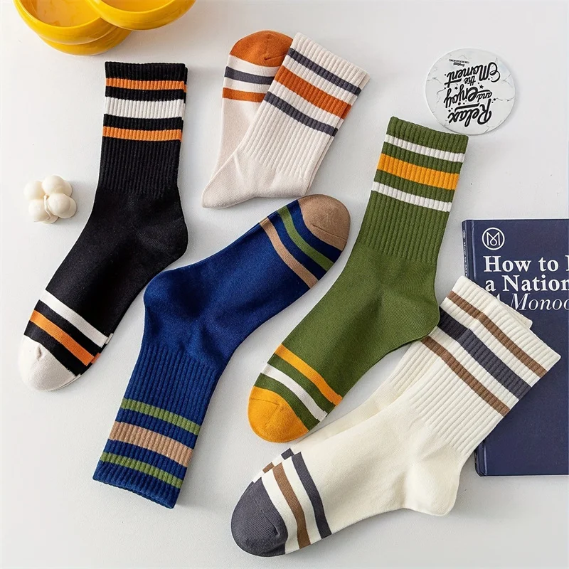 5 pares de calcetines casuales de rayas coloridas para hombre, calcetines deportivos de moda, absorbentes del sudor y transpirables, adecuados para todas las estaciones