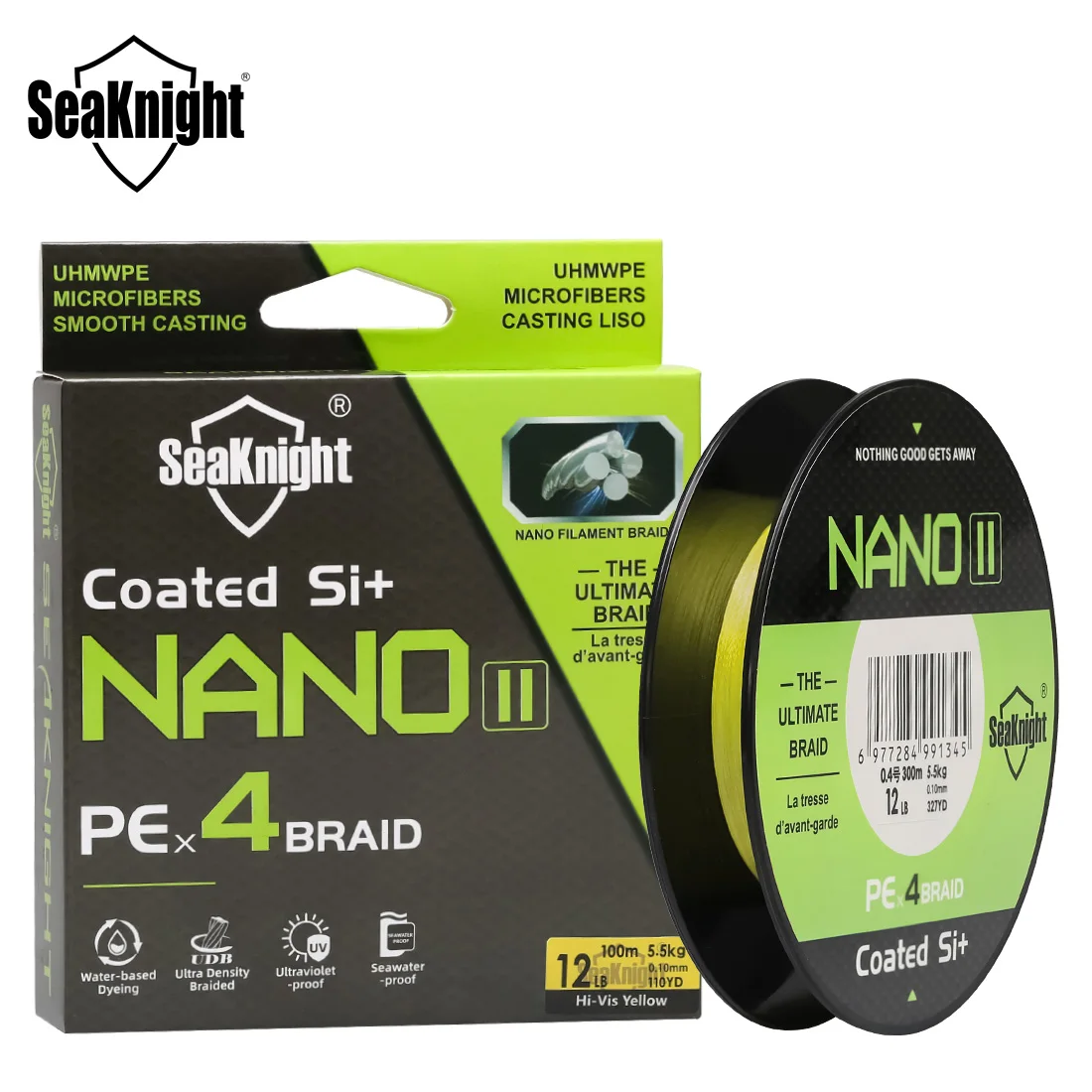 SeaKnight-sedas de pesca serie NANO II, 300M, 100M, 4 tejidos, multifilamento trenzado, resistente al agua de mar, a prueba de rayos UV, Si + revestimiento de 7-15lb