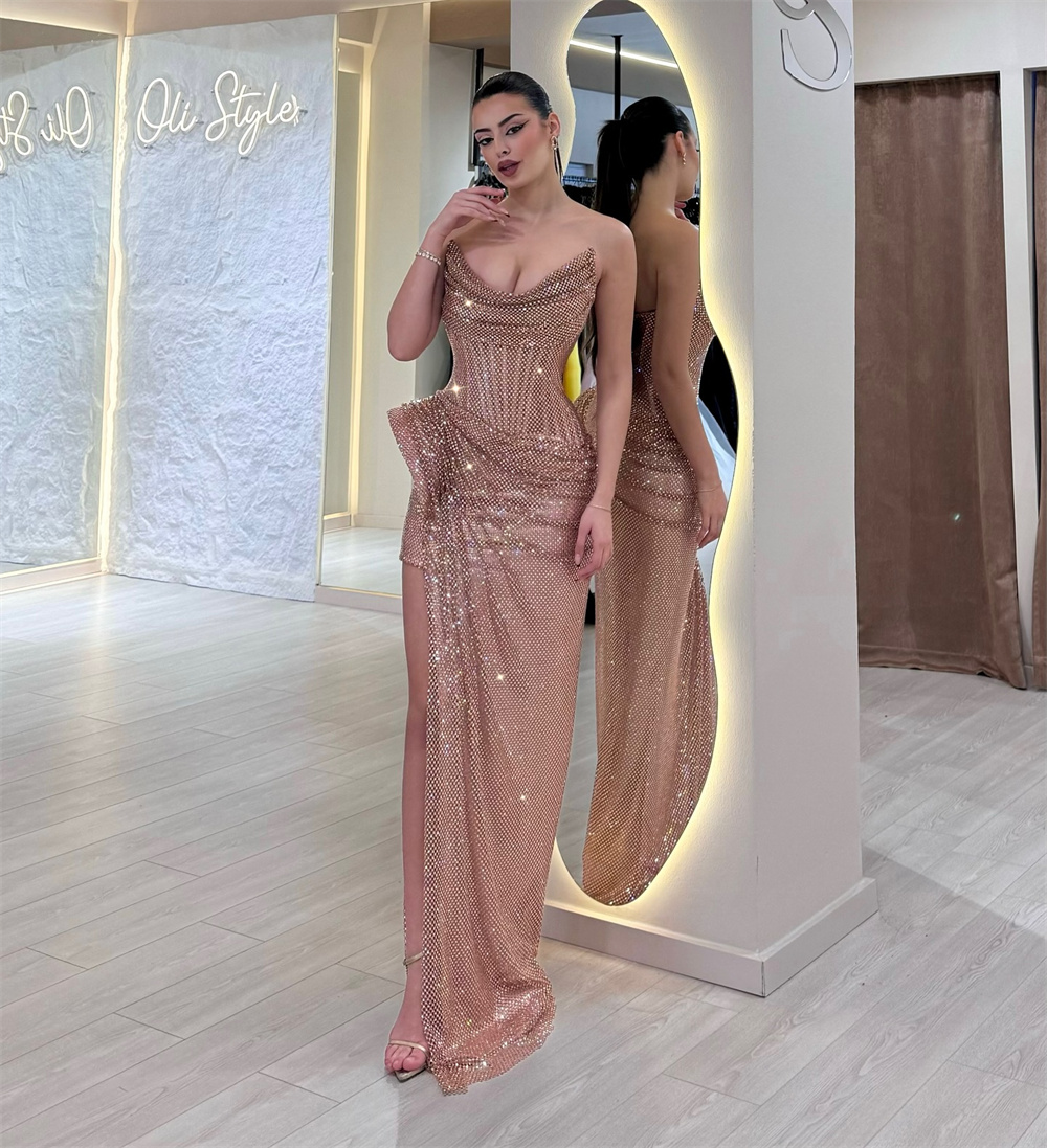 Contessa Dubai Aangepaste zijhoge split geplooide zeemeermin galajurk Vloerlengte strapless avondjurk Mouwloze feestjurk