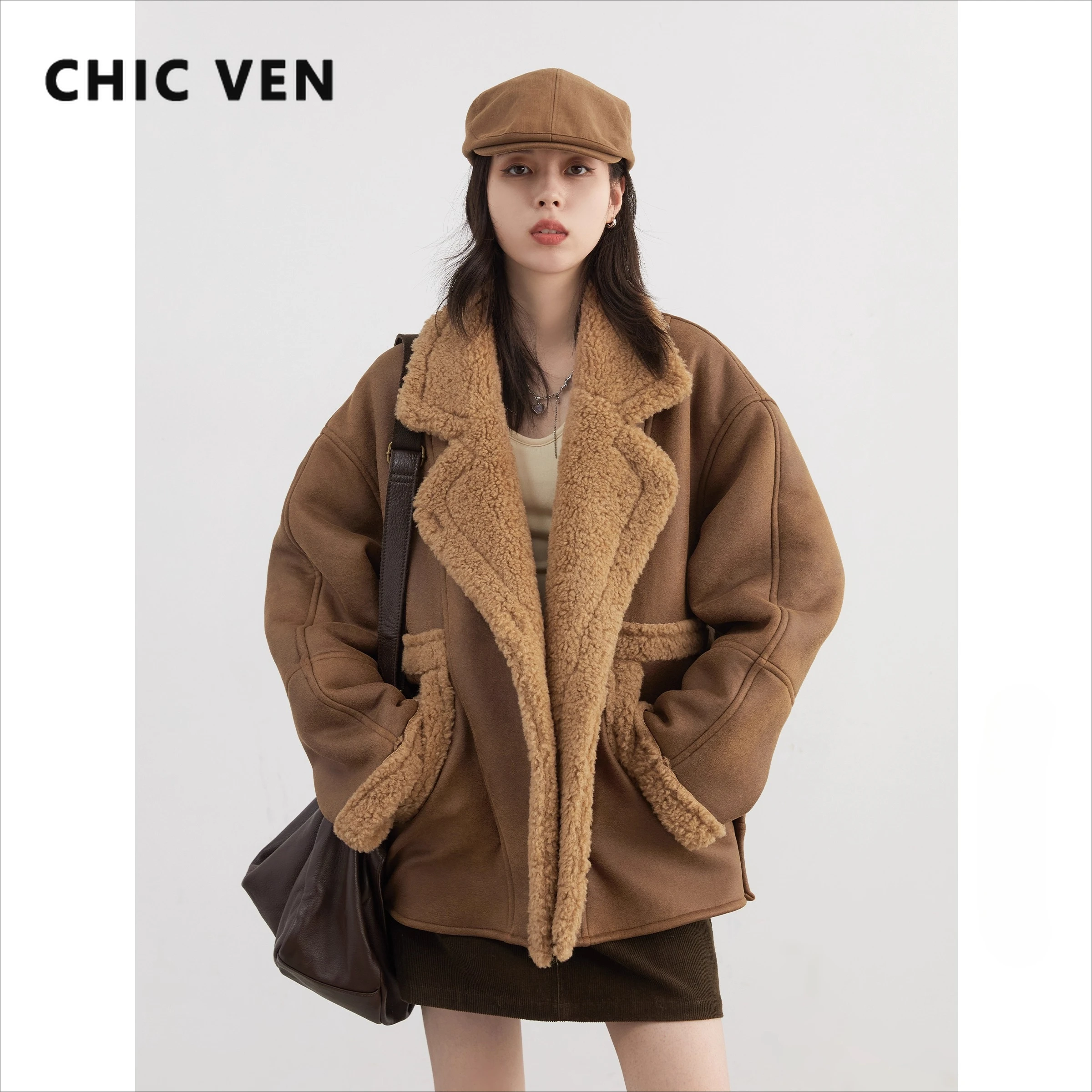 CHIC VEN женское пальто из искусственной кожи однобортное свободное повседневное новое мотоциклетное пальто замшевая меховая куртка женский топ осень-зима 2025