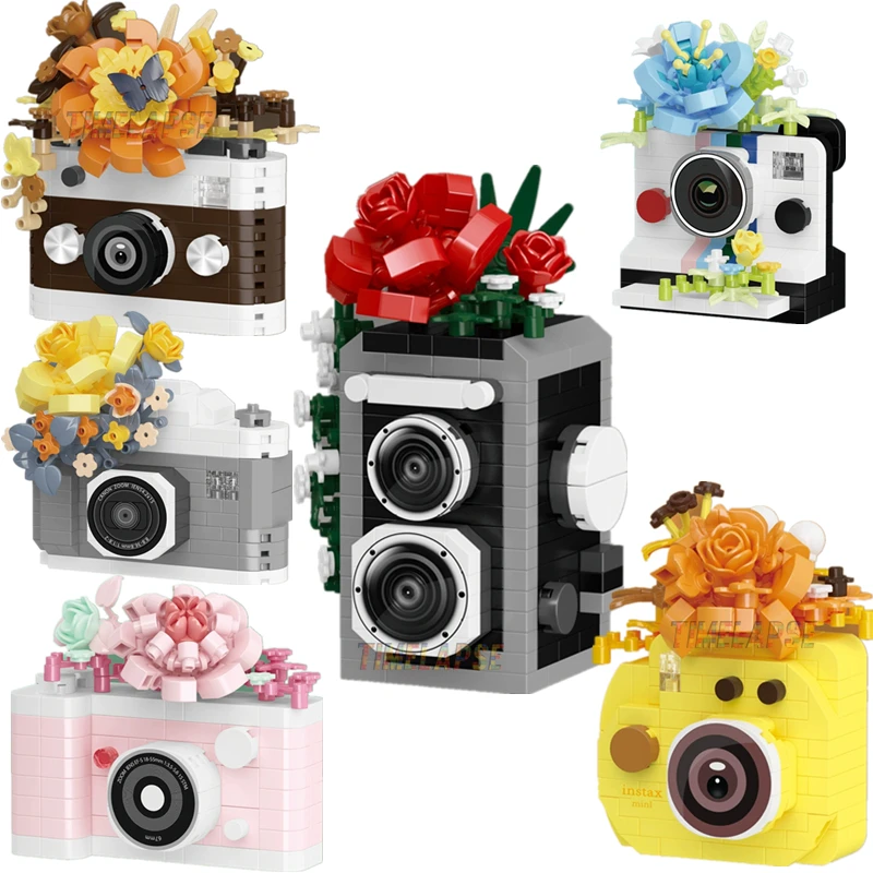 NEW DIY Camera Mirror Flower Film Retro Polaroid Rose laurel Building Blocks Kit Girls Bricks Movie Model Kids Toy Children