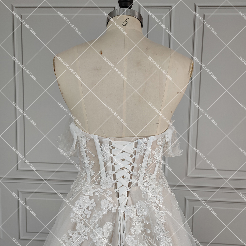 Luxe shimmer tule fora do ombro vestido de casamento com flores 3d bordadas querida inchado rendas até vestidos de noiva personalizados