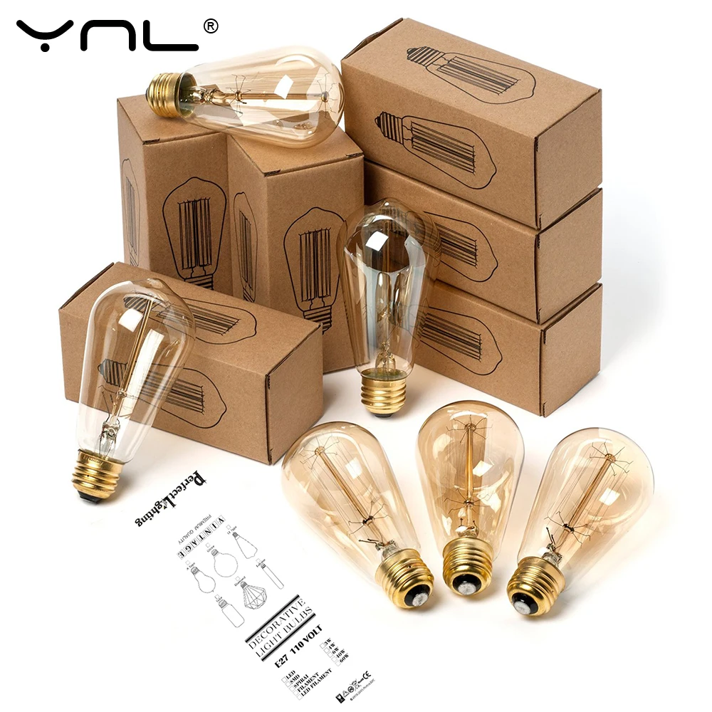 Bombilla Edison E27 220V 40W ST64 A19 T45 G80 G95 G125 bombilla de filamento incandescente iluminación bombilla Retro Edison