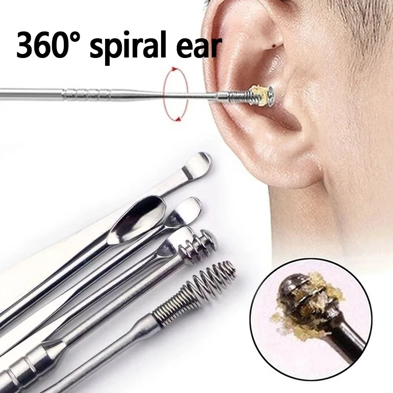 Limpiador de oídos de acero inoxidable, recogedor de cera para los oídos, kit de piercing, cureta, cuchara para el cuidado de la oreja, herramientas de limpieza, 6 unidades por juego