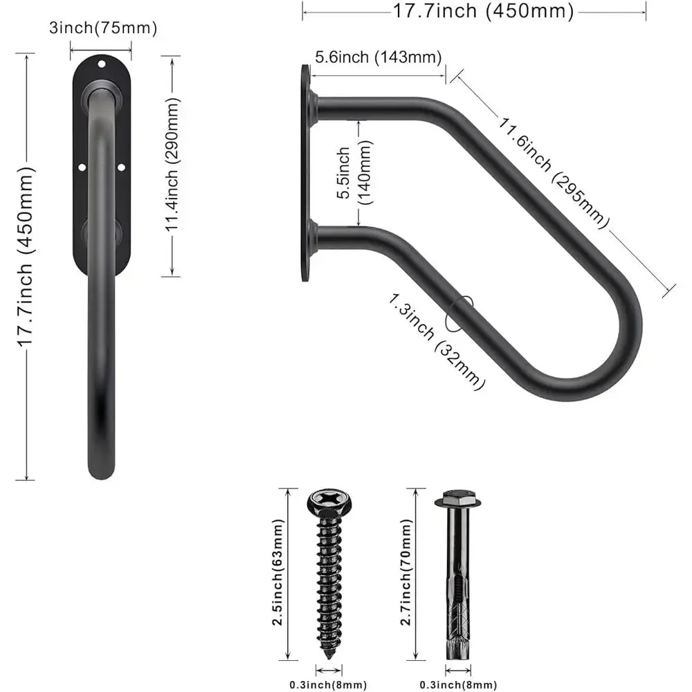 Outdoor Wall Mount Handrails U Shape Safety Rails Indoor Outdoor Stairs 17'' No Assembly Required Non Slip Design Reinforced