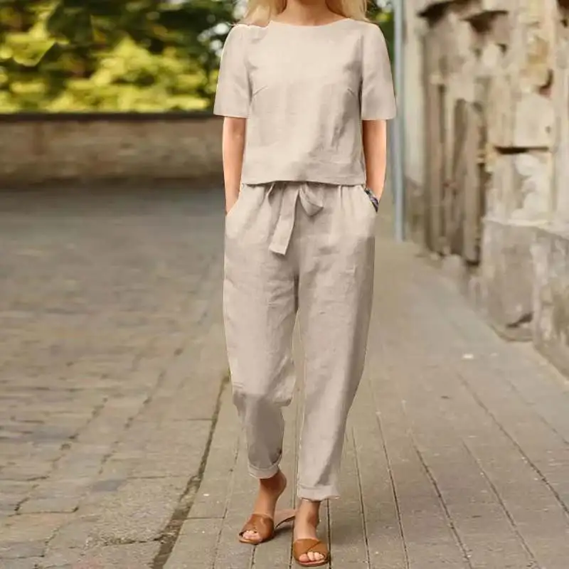 Dames katoenen linnen pak Zomer bijpassend pak Halve mouwen Ronde hals Stropdas Elastische taille Broek Wijde pijpen Retro pak 2024
