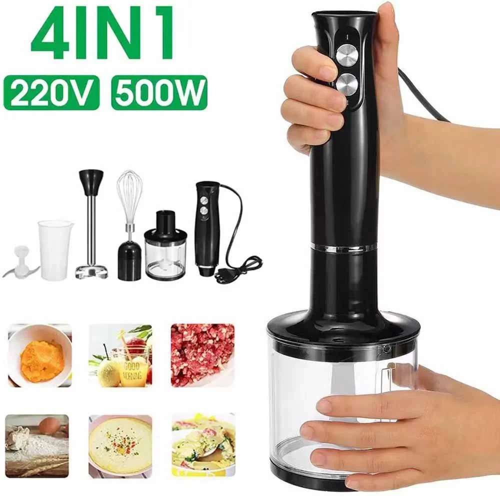 500 W elektrischer Stab-Stabmixer, 4-in-1-Handmixer, Edelstahlklinge, Gemüse, Fleisch, Eintauchen, Schneebesen, Entsafter-Set