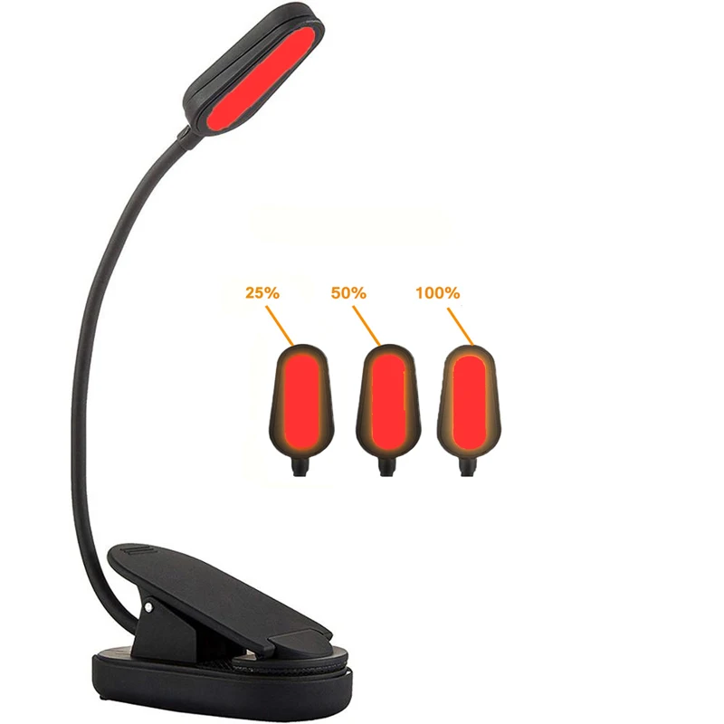 Luz de libro con Clip roja de 620nm, luz de lectura portátil recargable, sin luz azul, cuidado de los ojos para la hora de dormir, luz nocturna para aliviar la migraña