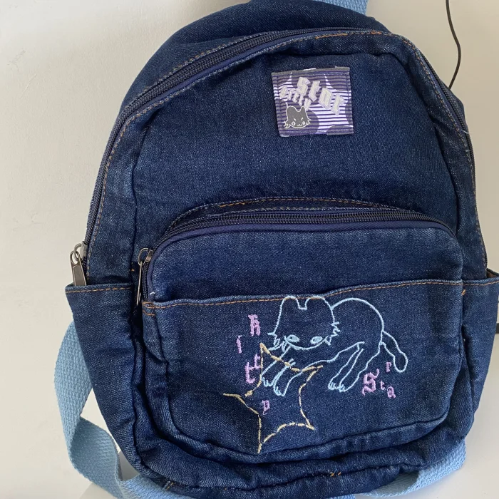 Japoński prosty plecak Kawaii Cat Denim torebka torby na ramię o dużej pojemności tornister studencki śliczny plecak damski