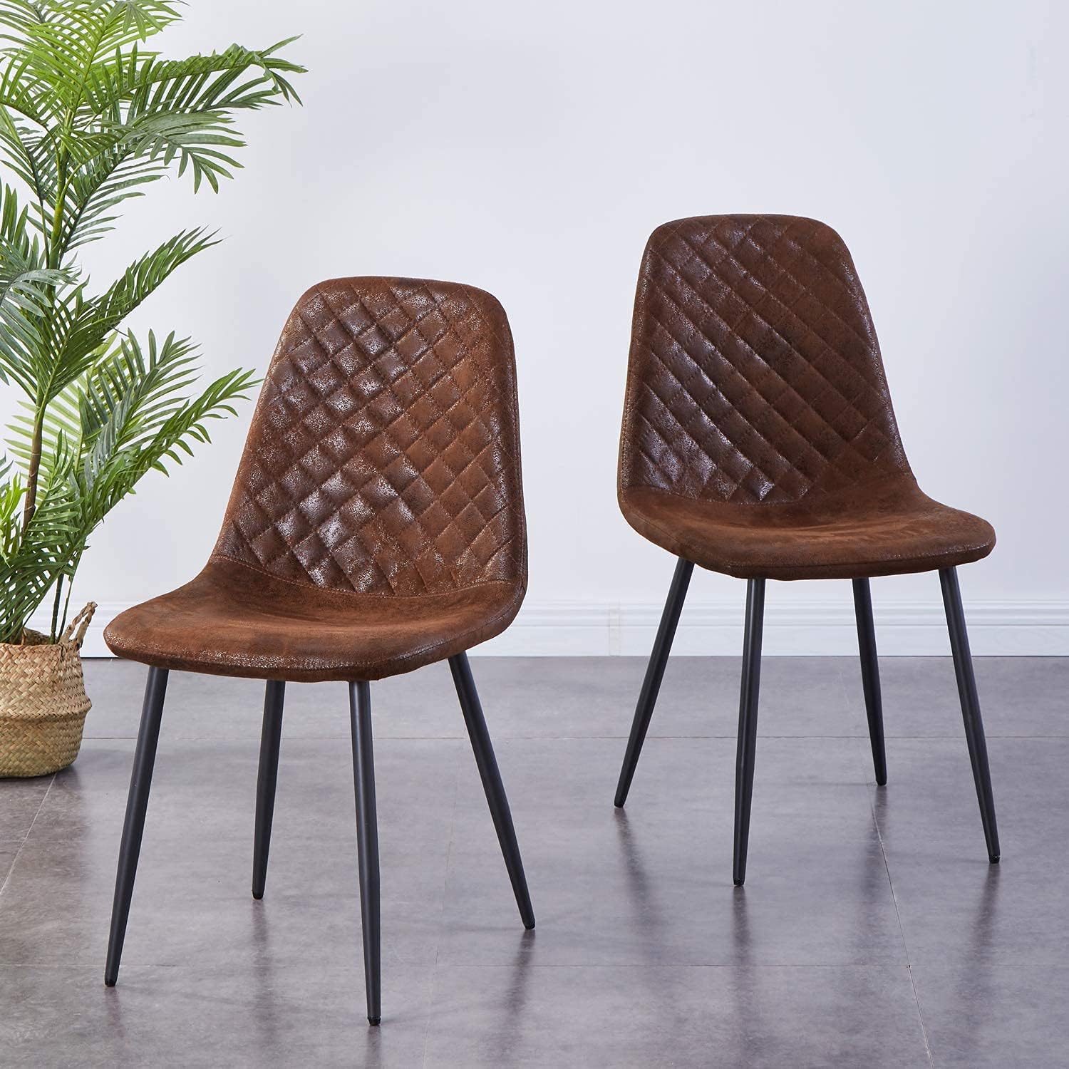 Suede Dining Chairs Set of 2 Brown Dining Chairs Upholstered Seat with Matte Metal Legs for Dressing Lounge Dining Room