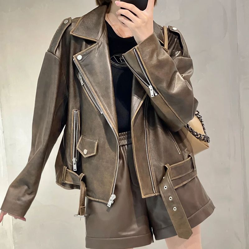 Jaqueta De Couro De Pele De Carneiro Genuíno, Casaco De Couro Real para Senhora, Oversize Retro Moto Biker Jacket, Nova Moda, TF3788