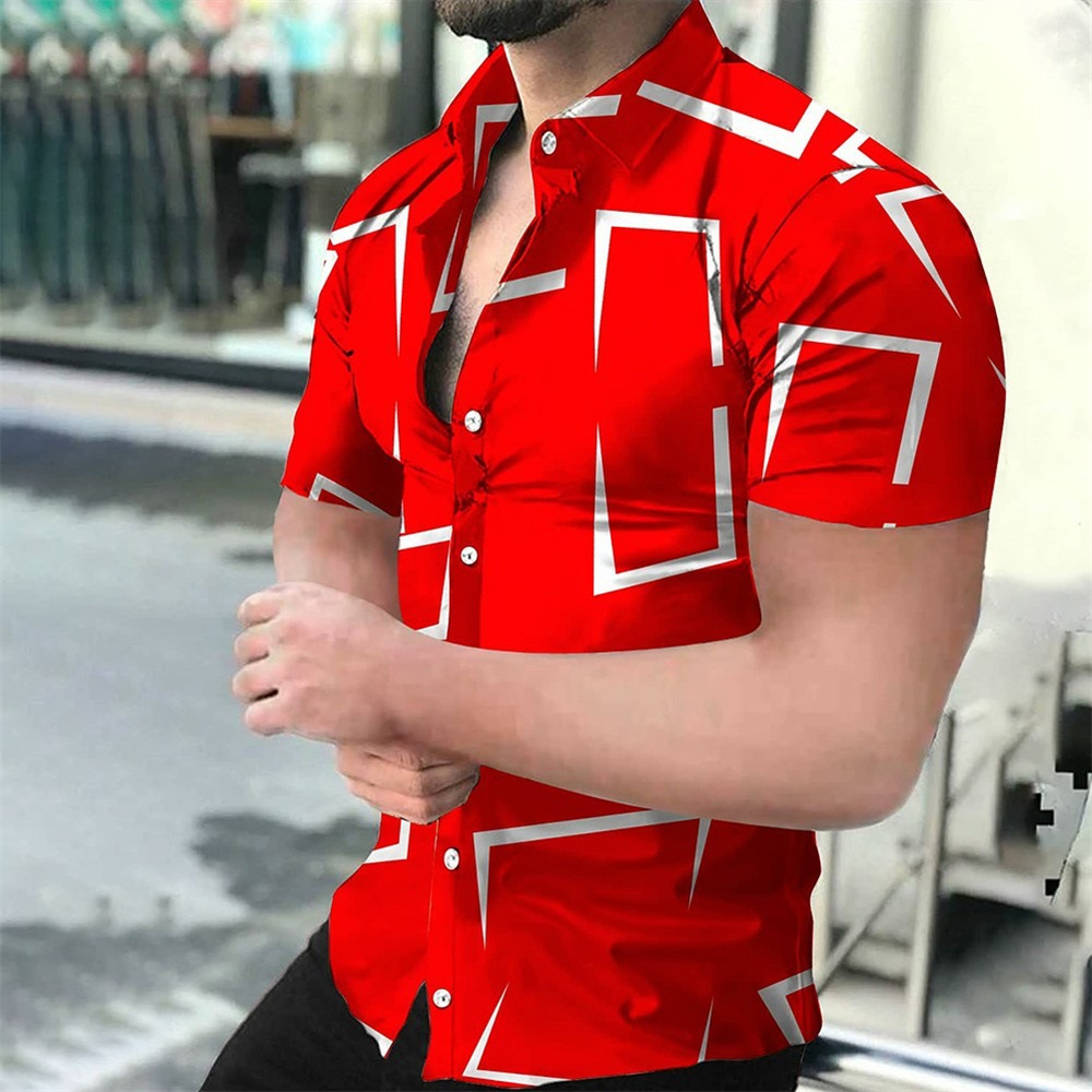 Camisa estampada con línea geométrica para hombre, moda informal de verano, botón de solapa, tela cómoda, camisa de manga corta, 2024