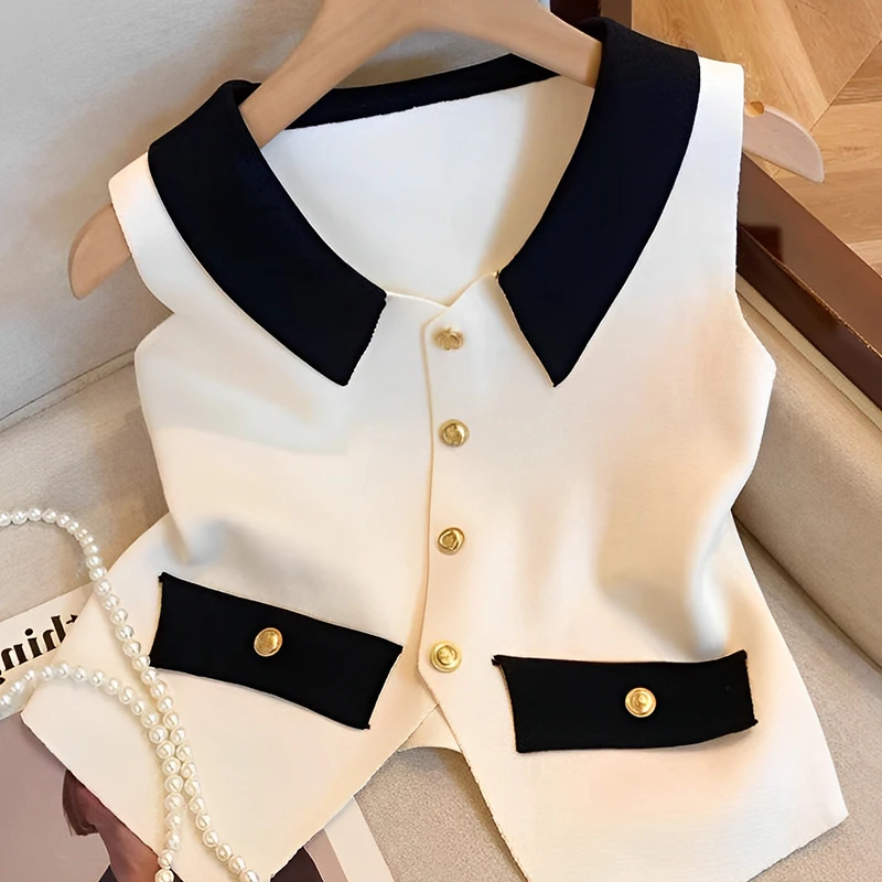 Feminino francês cor bloco sem mangas colete com decote em v malha regata lapela gola elegante preppy recortado colete casual topo