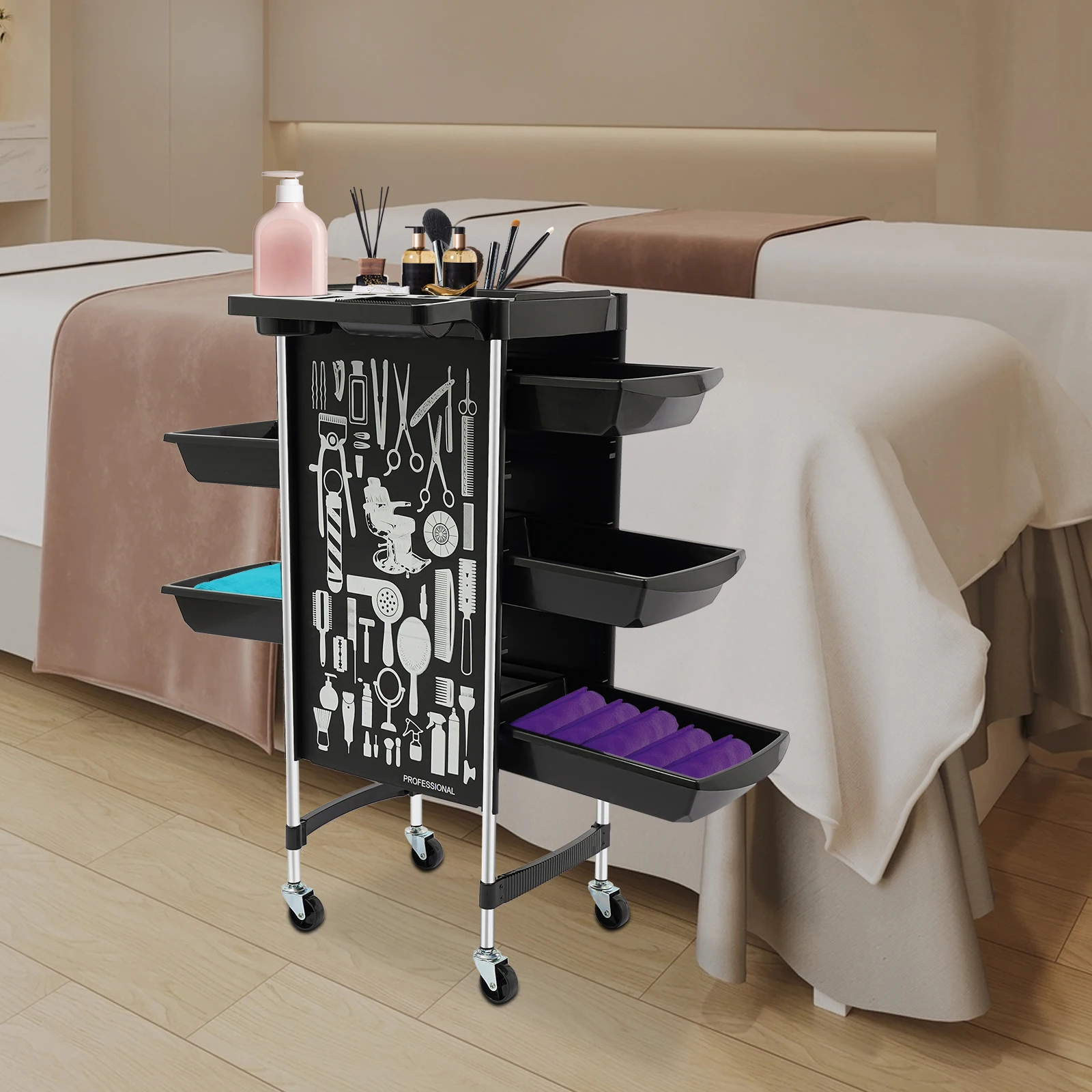 Carrello per salone a 6 livelli su 4 ruote 5 cassetti estraibili Carrello per trucco Carrello per sollevamento tinture per capelli da 176 libbre per strumento per parrucchiere