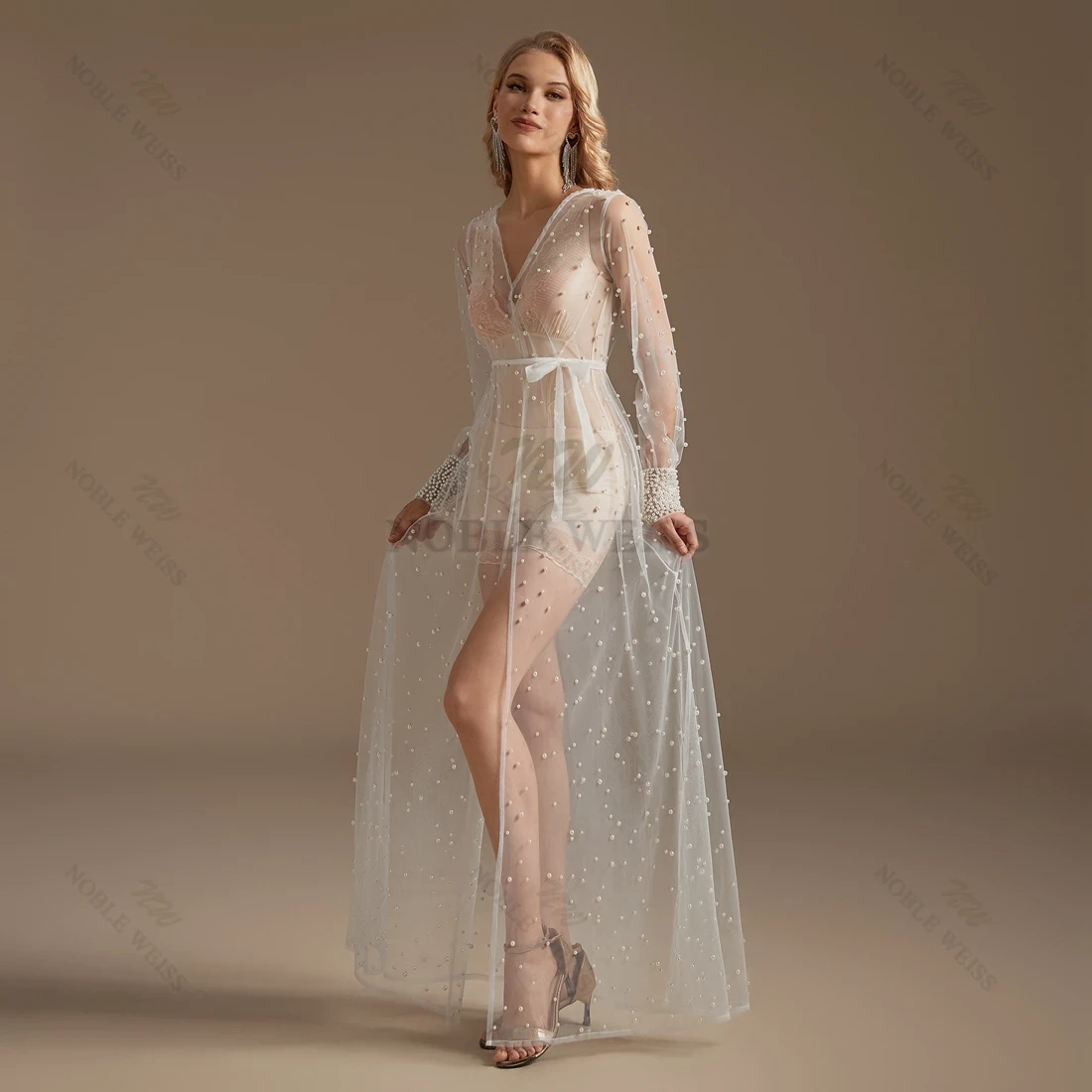 Parel Pols Lange Mouw Bruiloft Jas Tule Gewaad Partij Sjaal BOLERO Vloerlengte Bruids Cape Sexy Parels Lange Jas Aangepaste