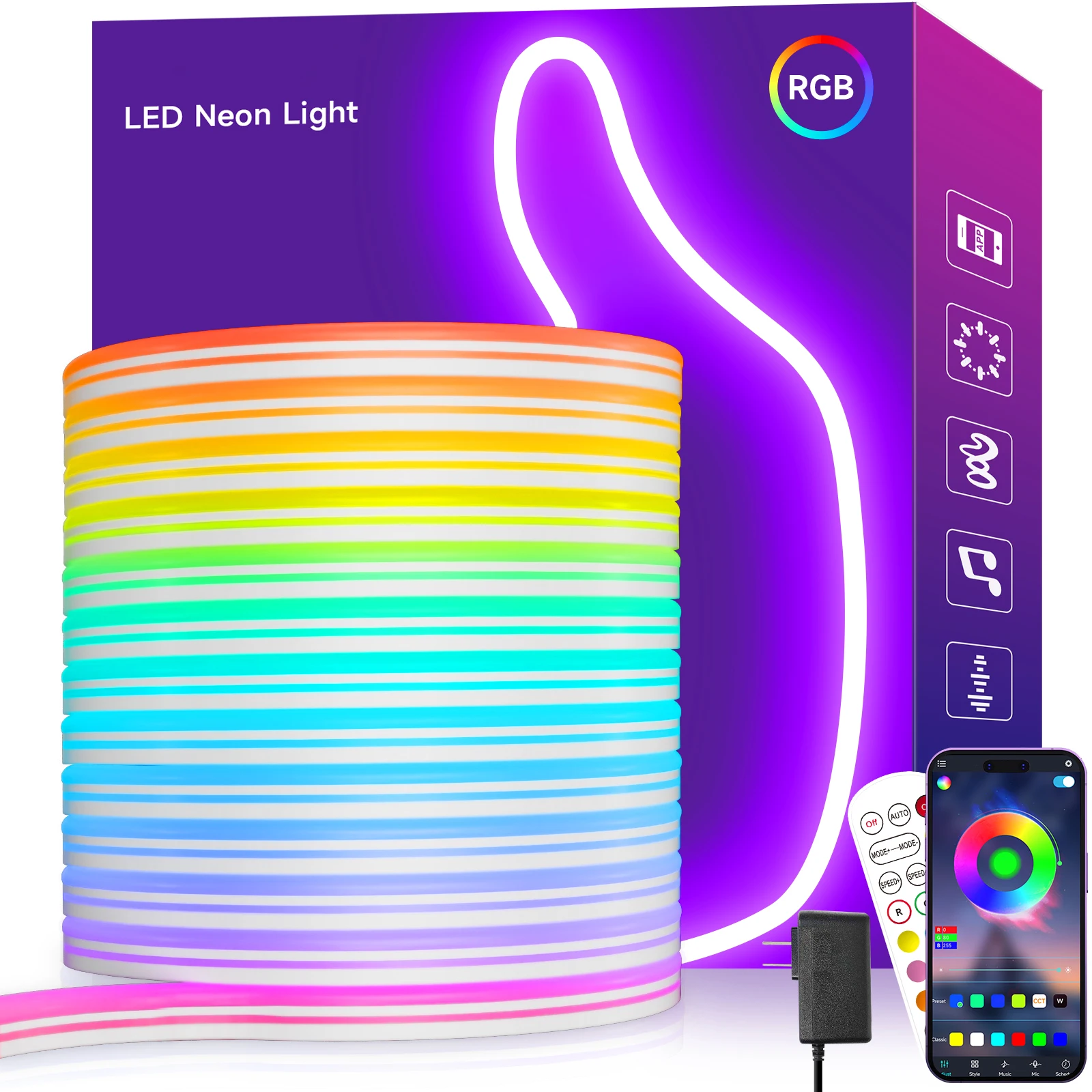 ネオン LED ストリップライト 12-24V 84LEDs/M シリコーンネオンロープライト Bluetooth 音楽同期 RGB IP67 防水ライトストリップ 5-10M
