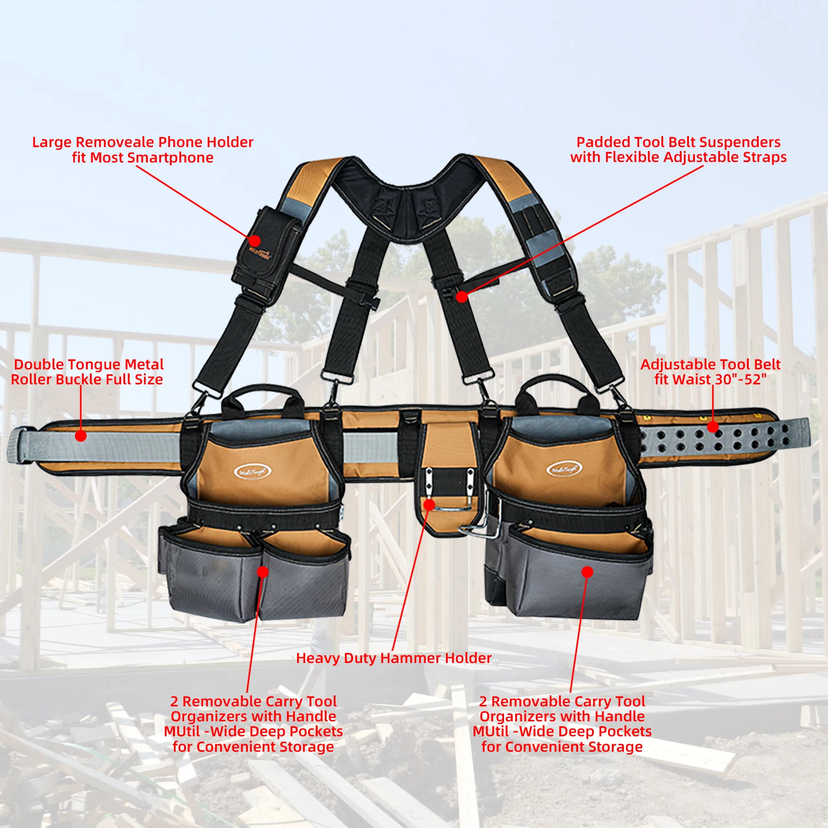Tool Belt with Sling Tool Pouch Supenders Framer's Comb Apron Construction Tool Pouch Builder Heavy Duty Carpenter's Hanger