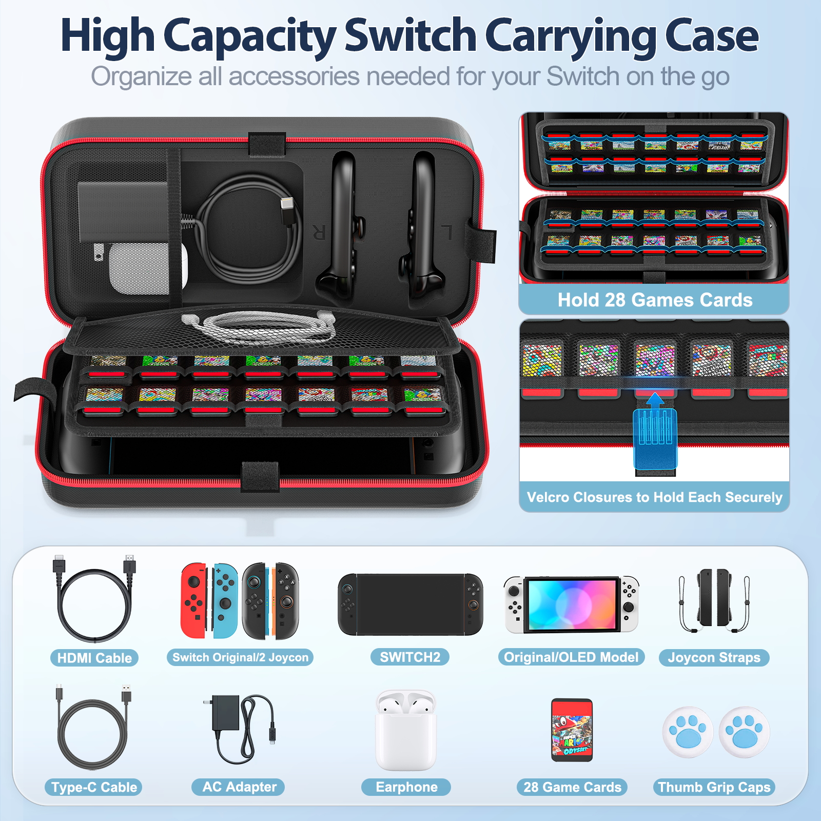 For Switch 2 & Switch Original & Switch OLED Large Storage Bag Anti-Scratch Waterproof Travel Carrying Case for N-Switch 2