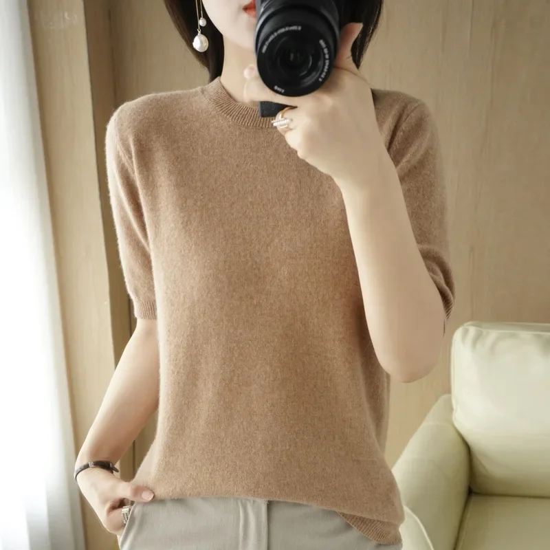 2025 frauen Pullover Frühling Sommer Kurzarm Stricken Pullover Oansatz Slim Fit Pullover Bodenbildung Shirts Koreanische Mode Strickwaren