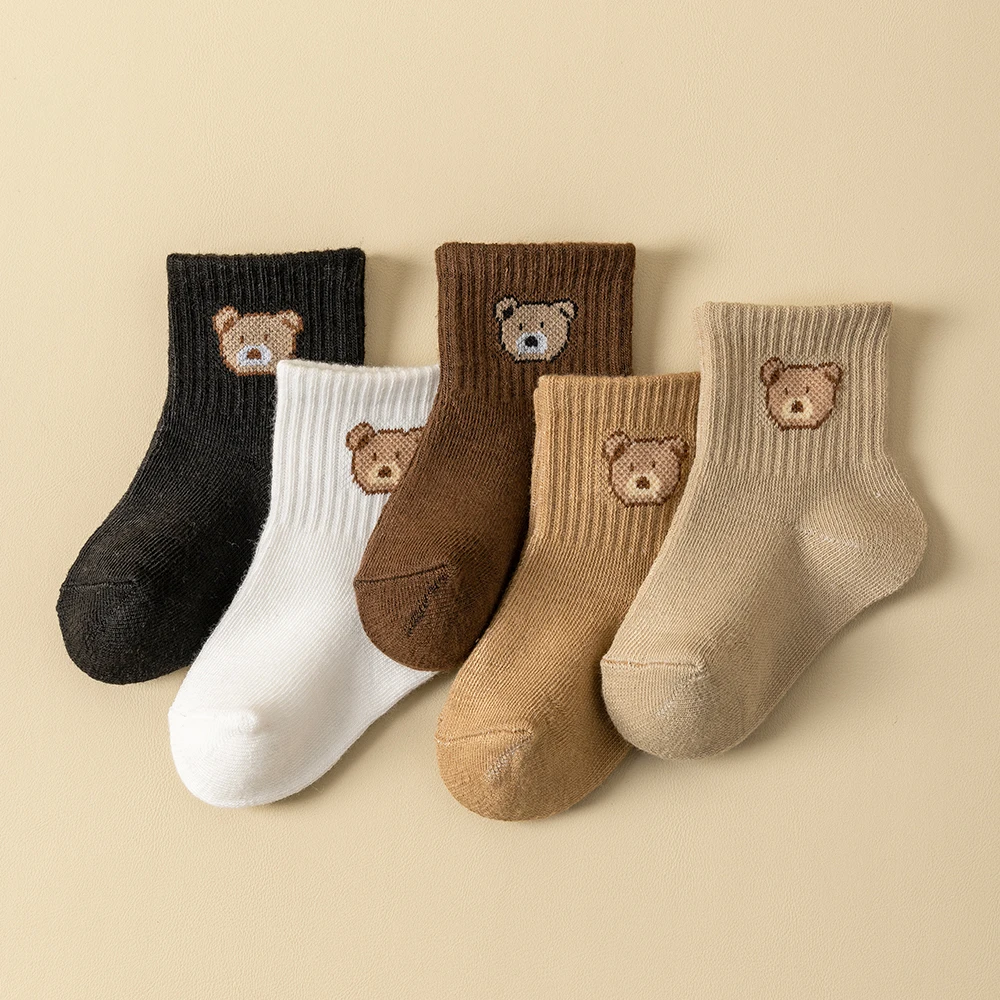 5 paires de chaussettes bébé – Douces, respirantes, motif ours mignon, idéales toute l’année