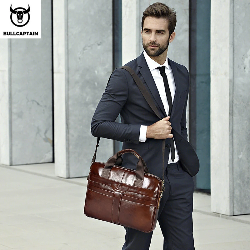 BULLCAPTAIN-Bolsa De Couro Para Laptop, Maleta Masculina, Bolsa De Viagem De Trabalho e Negócios, Camada Superior, 15 ", 053