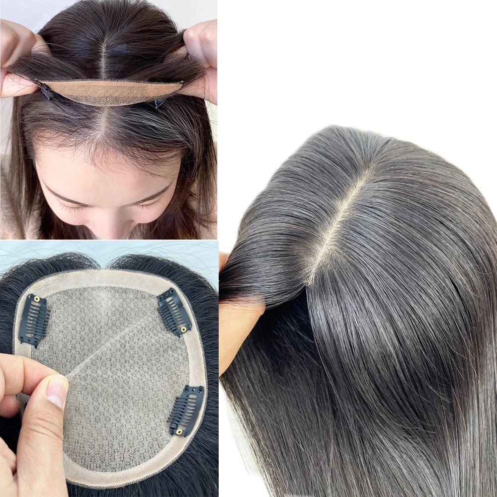15X17 ซม.ฐานผ้าไหมผู้หญิง Topper 4 คลิปใน Hairpiece มาเลเซีย Virgin Human Hair Toupee Breathable Silk TOP ธรรมชาติผมเด็ก