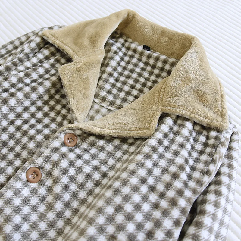 Outono e inverno novo pijama de flanela engrossado masculino calças de manga comprida de duas peças xadrez abotoado serviço de casa terno pijama