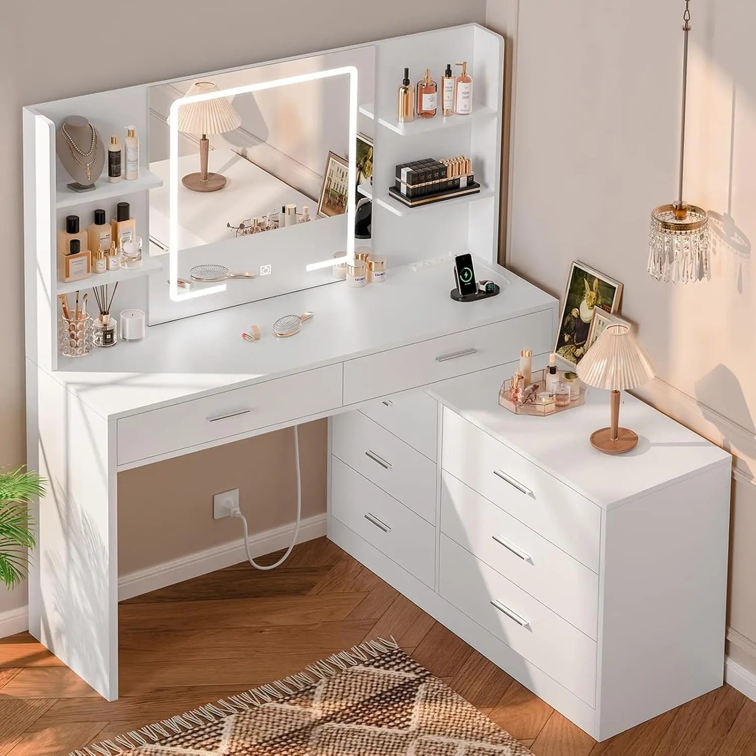 65.9'' Vanity Desk with LED Lighted Mirror & Power Outlet, Modern Corner Makeup Vanity Table with 8 Drawers, Makeup Room