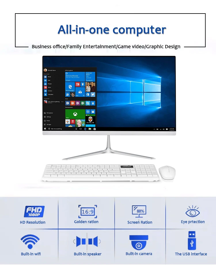 24 inch 1K all-in-one computer (Intel Core 5095, RAM 8/16GB, SSD 128/256/512/1024GB, Windows 11 Pro), white, English keyboard