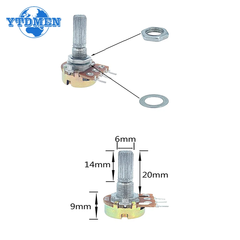 Potenciómetros WH148, eje de 20mm, 3Pin, potenciómetro rotativo cónico lineal 1K 2K 5K 10K 20K 50K 100K 500K 1M Ohm, resistencia Variable