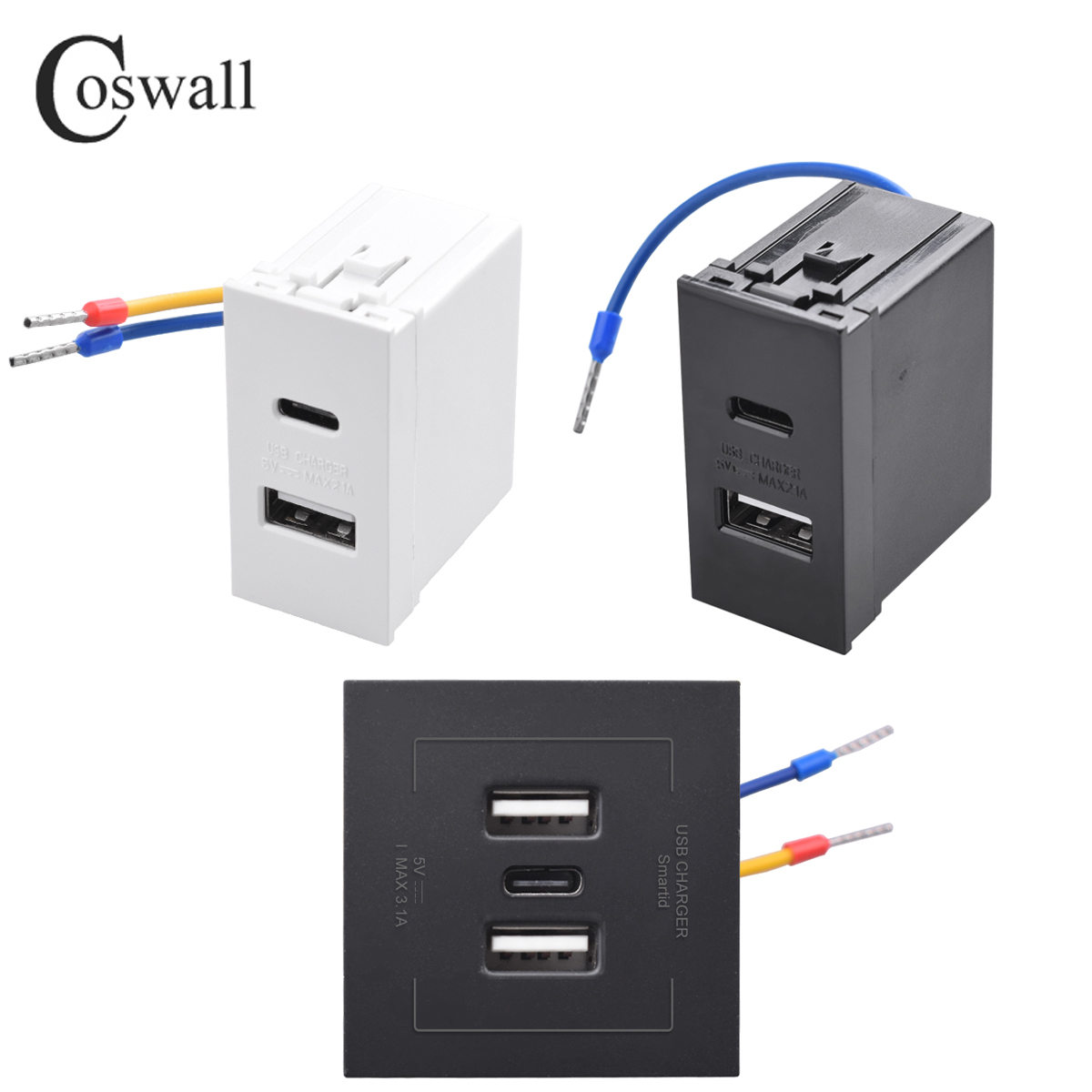 Серия COSWALL E45/P45, белая/черная, 45*2,5 мм, настенная розетка Type-C и A, зарядное устройство с двумя USB-портами, 5 В постоянного тока, 2 А, макс. Модуль DIY AC 100-240В