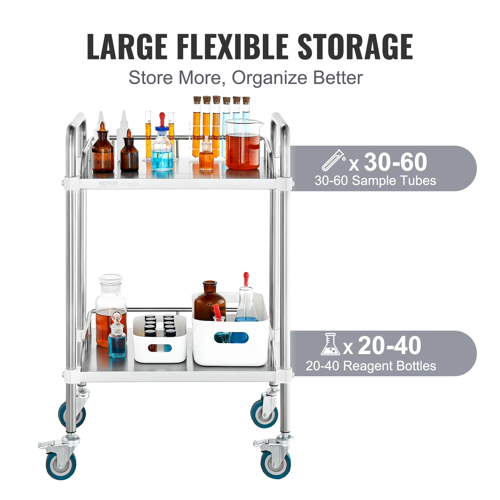 VEVOR Lab Rolling Cart 2-Shelf Stainless Steel Rolling Cart Lab Serving Cart Dental Utility Cart for Clinic Lab Hospital Salon