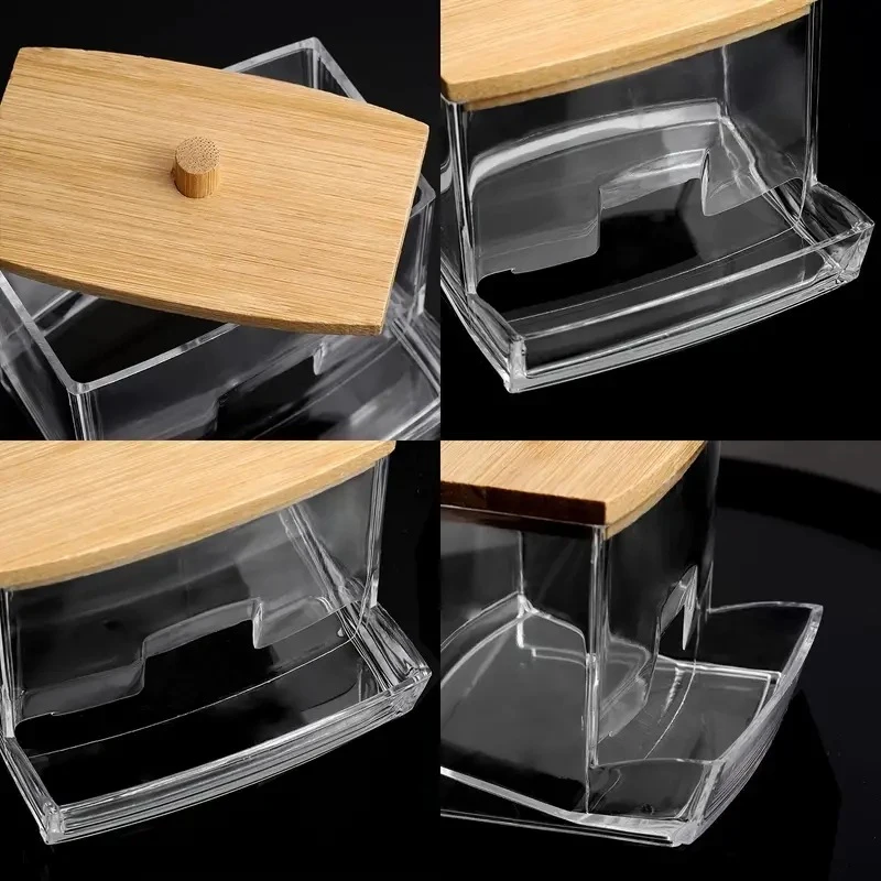 Baumwolle Tupfer Lagerung Box Doppel Kopf Baumwolle Knospen Container Transparent Quadrat Bambus Abdeckung Baumwolle Tupfer Zahnstocher Organisieren Box