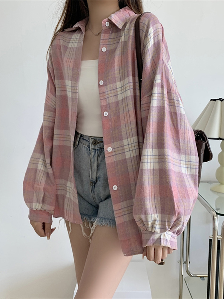 Loose Fit Plaid Shirt Coat Long Sleeve Women's Sle Summer Top Thin Version American Grid Pattern Casual Versatile Polyester...