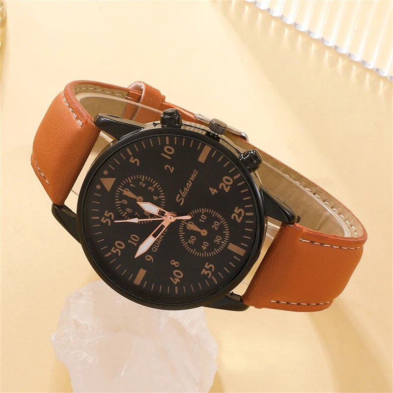 New Men Watch Luxury Bracelet Set Fashion Business Brown Leather Quartz Relógios de pulso para homens Gift Set Relogio masculino