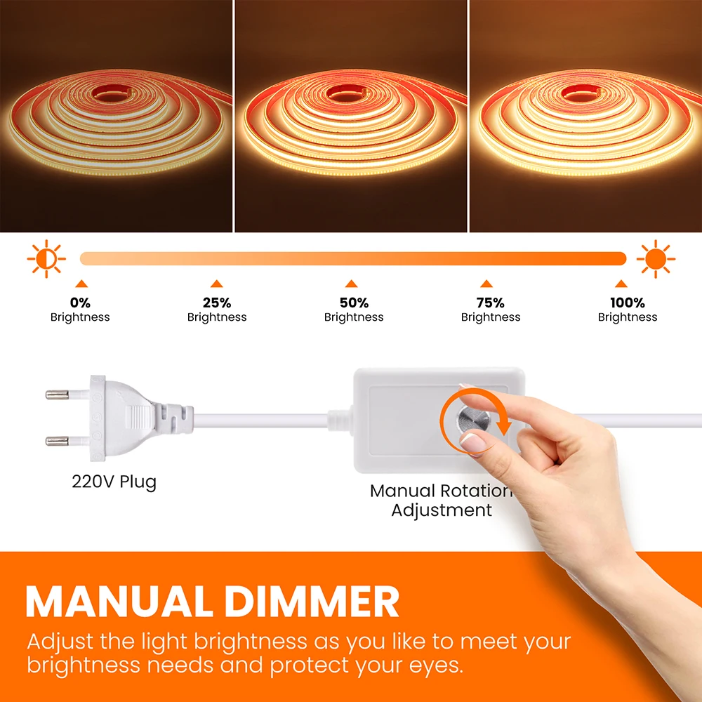 COB LED Strip Light Dimmer Switch EU UK Power Kit 220V 230V 3000K 4000K 6000K 288LED Bright Flex Tape Waterproof Linear Lighting