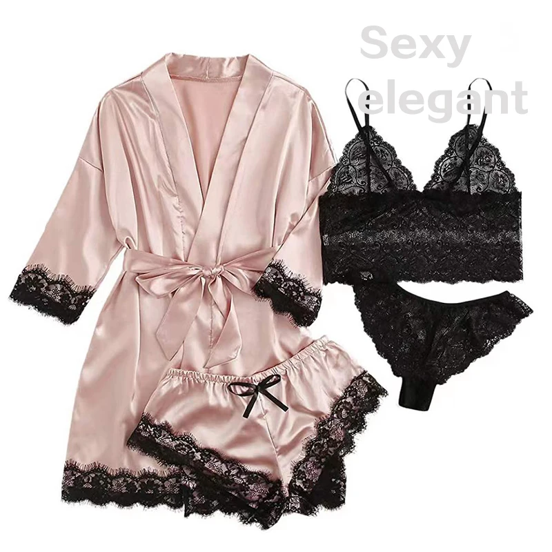 4 peças mulher pijamas ser com robe sexy renda lingerie roupão de seda cetim casa roupas de noite robe