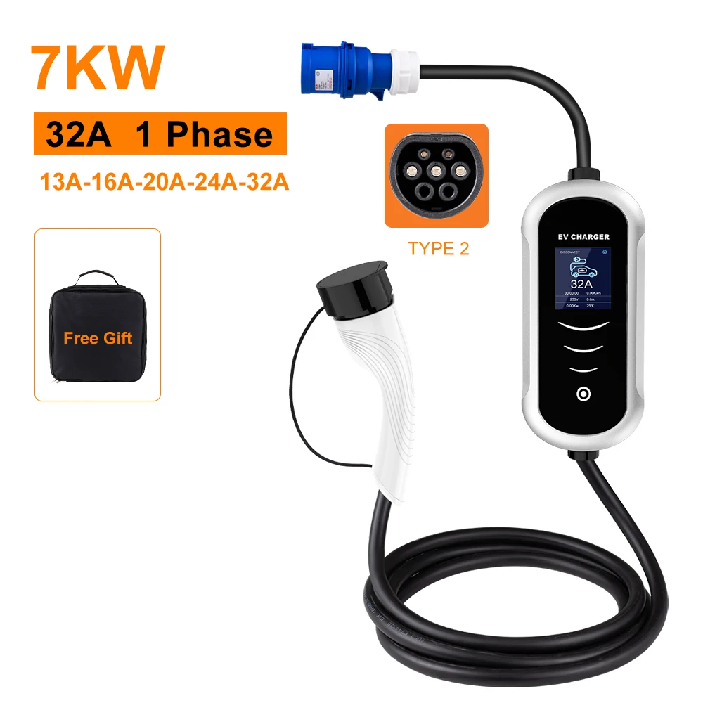 IPENGEN ポータブル EV 充電器ウォールボックス Type2 ケーブル 32A 7KW CEE プラグ EVSE Type1 充電ボックス j1772 アダプター電気自動車車用