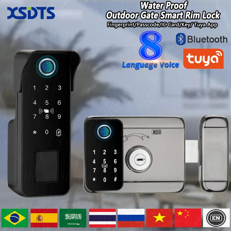 Cerradura de puerta inteligente Tuya, resistente al agua, con huella dactilar, Control remoto para jardín al aire libre, tarjeta de aplicación, código Digital, cerradura electrónica de doble llanta ﻿ ﻿