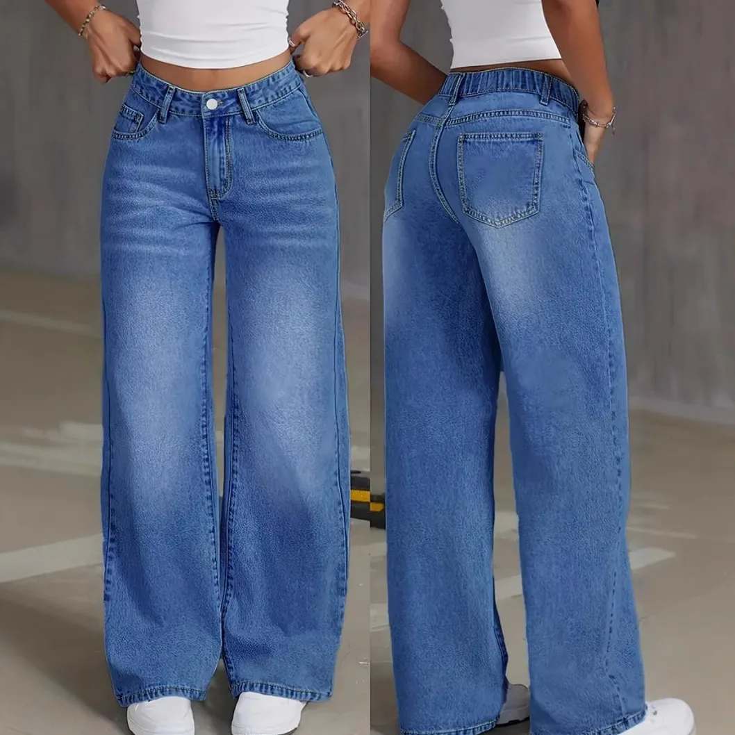Denim Hose Frauen Mom Jeans Breites Bein Lange Hosen Hohe Taille Gerade Hosen Y2k Streetwear Elegante Splice Club Punk Casual