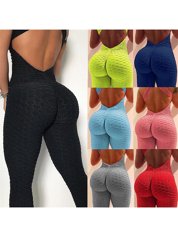 2024 ชุดกีฬาสตรีแขนกุดBackless Jumpsuitsเครื่องแต่งกายด่วนแห้งGymชุดบอดี้สูทฟิตเนสTights Scrunch Leggings