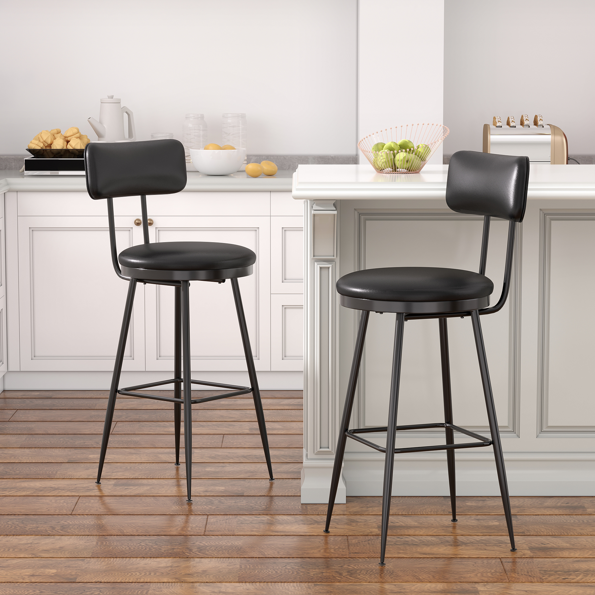 Comanlai 85 cm 2 Stück/Set Barstühle mit hoher Rückenlehne, Barhocker mit Metallbeinen, Küchenstuhl, Hochstuhl für Bar, PU-Leder, Schwarz