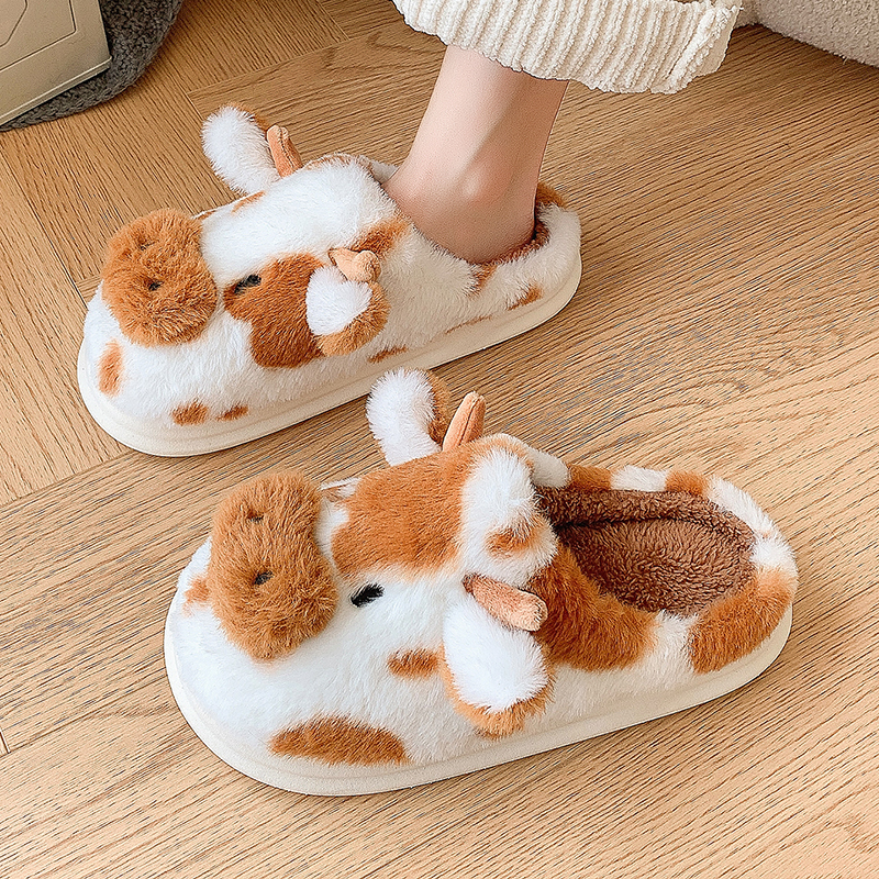 Casual Fluffy Slippers Vrouwen Huis Leuke Cartoon Koe Designer Schoenen Meisje Platte Mode Elegante Pluche Winter Platform Schoeisel Thuis