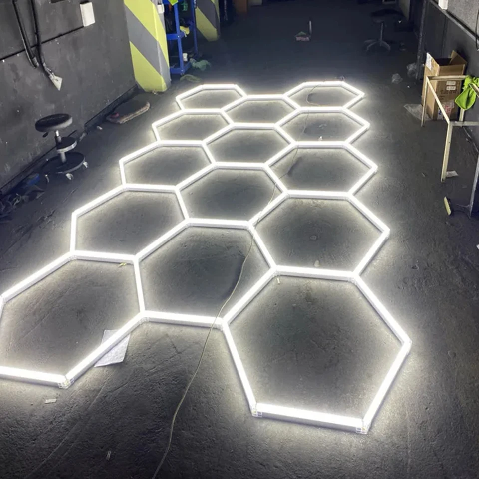 Hexágono led iluminação luz de teto favo de mel banheira para garagem churrasco loja barbearia ginásio carro detalhando showroom 4S oficina