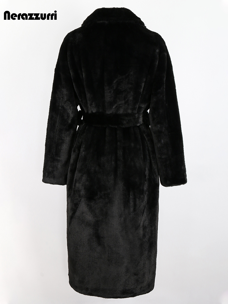 Nerazzurri ฤดูหนาวสีม่วงสีดำสีเขียว Fluffy หนาอุ่น Faux Fur Coat Sashes ใหม่มาถึง2022 Furry Overcoat